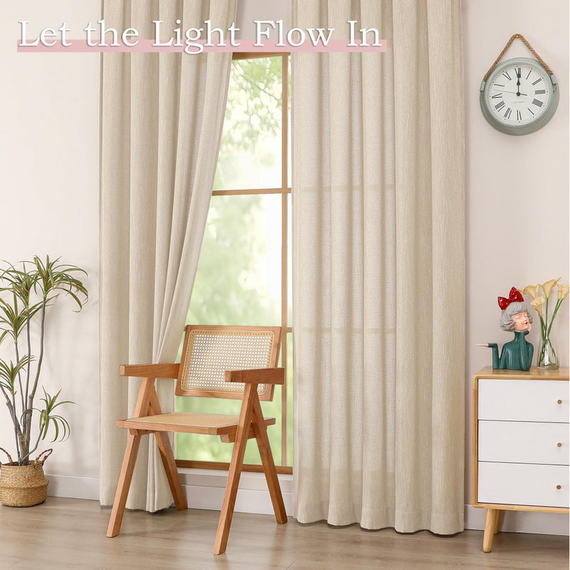 Simplebrand Natural Faux Linen Textured Curtains 63 Inch Length 2 Panels for Bedroom, Semi Sheer Light Filtering Privacy Farmhouse Curtains, Soft Thick Rod Pocket Window Drapes, 40W x 63L Inch - Image 4
