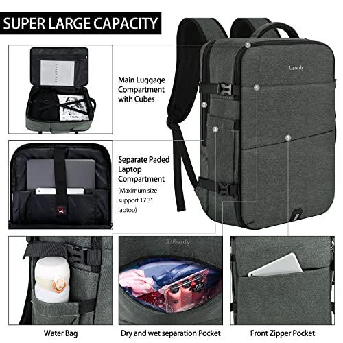 Lubardy Travel Backpack for Men Women 17 Inch Flight Approved Carry on Backpack Waterproof Large 40L Luggage Daypack Business College Weekender Overnight Laptop Backpack with 3 Packing Cubes, Grey - Image 4