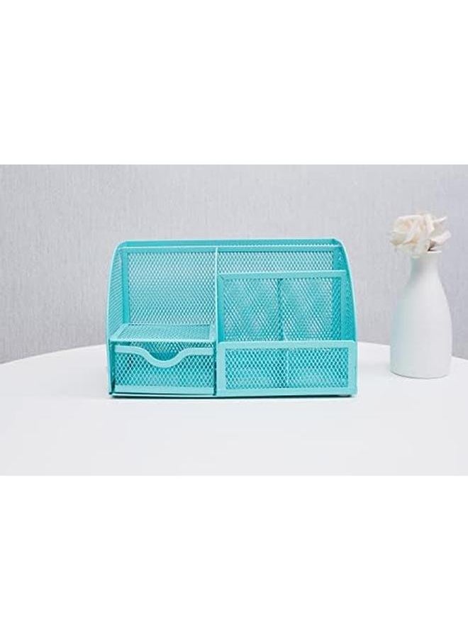 Generic - Mesh Desk Organizer Office With 7 Compartments Plus Drawer Desk Tidy Candy Pen Holder Multifunctional Organizer Turquoise Teal - Image 1