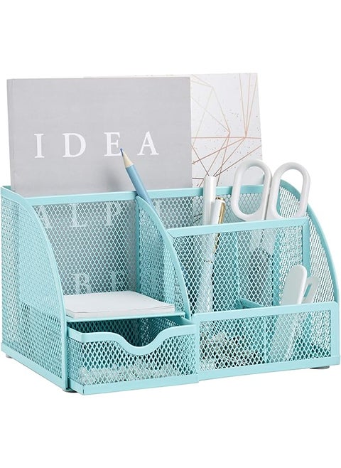 Mesh Desk Organizer Office With 7 Compartments Plus Drawer Desk Tidy Candy Pen Holder Multifunctional Organizer Turquoise Teal