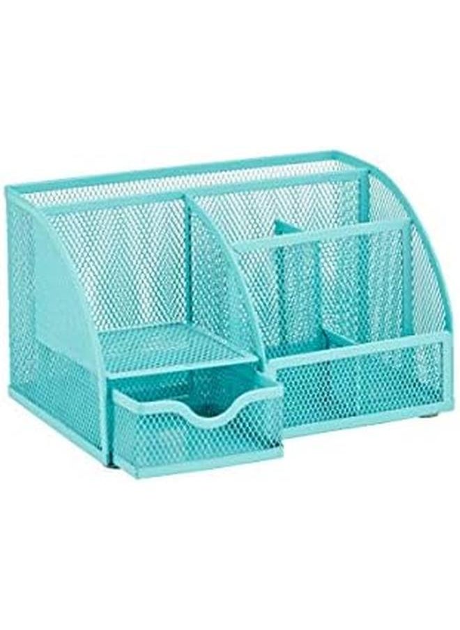Generic - Mesh Desk Organizer Office With 7 Compartments Plus Drawer Desk Tidy Candy Pen Holder Multifunctional Organizer Turquoise Teal - Image 1