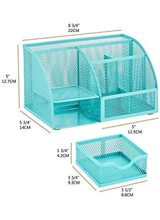 Generic - Mesh Desk Organizer Office With 7 Compartments Plus Drawer Desk Tidy Candy Pen Holder Multifunctional Organizer Turquoise Teal - Image 1
