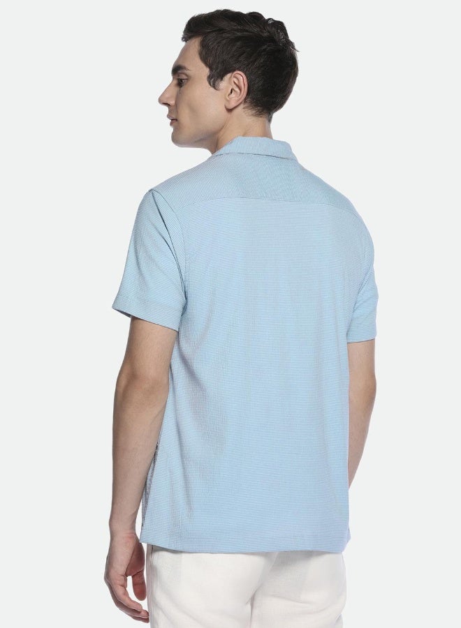 دينيس لينغو قميص بياقة كوبية بنقشة الفشار باللون الأزرق بقصة مريحة - Image 3