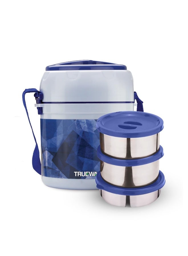 TRUEWARE Office Plus 2 Lunch Box with 3 Stainless Steel Container,300ml X2 , 200Ml X 1 Blue | PU Insulated | Lunch Box |Tiffin |Hot lunch box| Leak Proof |Easy to Carry | Hot & Cold Food Grade| BPA Free | Stainless Steel Dabbi | Office | Outdoors | For Men, Women, and Kids - Image 1