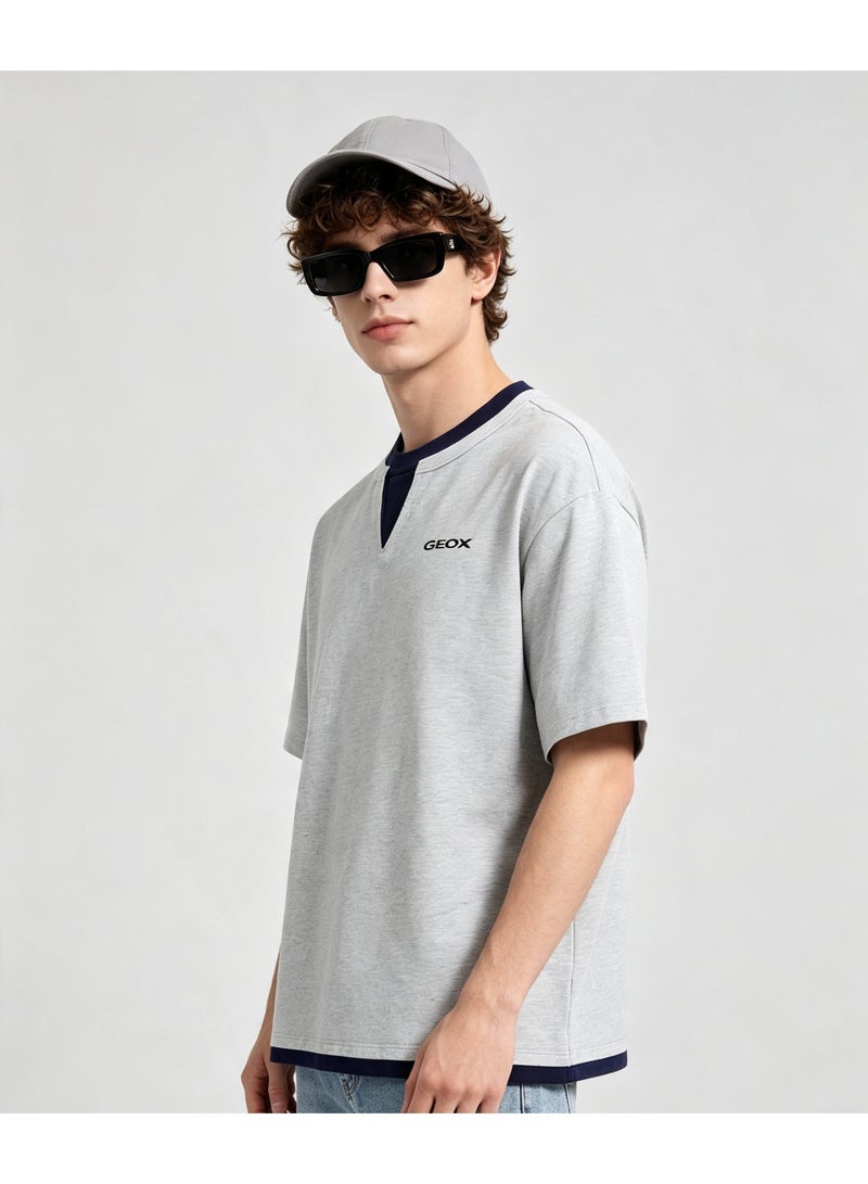 GEOX Light Grey Unisex Fake Two Pieces Notch Neck Short Sleeve T-Shirt Loose Casual Daily Couple Top - Image 2