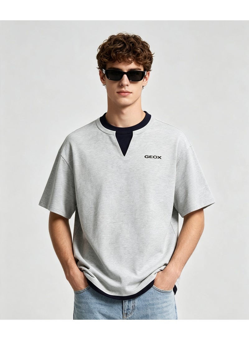 GEOX Light Grey Unisex Fake Two Pieces Notch Neck Short Sleeve T-Shirt Loose Casual Daily Couple Top - Image 1