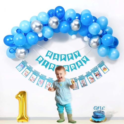 SpecialYou.in 1St Birthday Decoration Items For Boys Includes Metallic Blue, Pastel Blue, White & Silver Chrome Balloons With Monthly & 1 No. Foil Balloon For Birthday Decor- 60 Pcs - Image 1