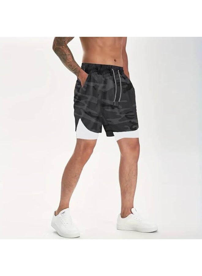 VITION Gym Shorts for Men, Men's Activewear Running Shorts,Drawstring Gym Shorts Men, 2 Layer Loose Athletic Shorts with 4 Pockets (X-Large, Camouflage Gray White liner) - Image 2