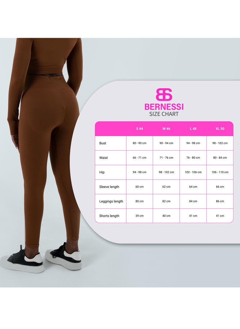 Bernessi - Turkiye Nylon Long Sleeve Crop Top with Round Neck Women's Cropped T Shirt for Workout Yoga Running Exercise Textured Brown Brunette - Image 1