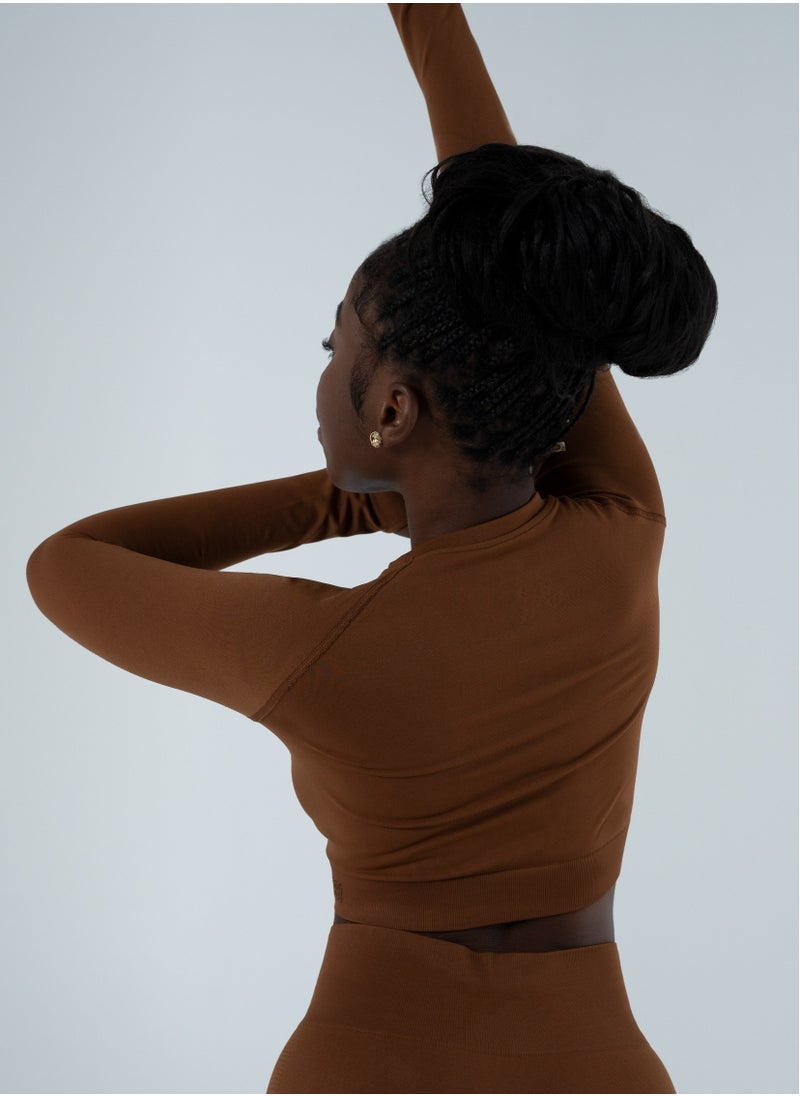 Bernessi - Turkiye Nylon Long Sleeve Crop Top with Round Neck Women's Cropped T Shirt for Workout Yoga Running Exercise Textured Brown Brunette - Image 1
