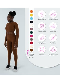 Bernessi Turkiye Nylon Long Sleeve Crop Top with Round Neck Women's Cropped T Shirt for Workout Yoga Running Exercise Textured Brown Brunette  - Image 5