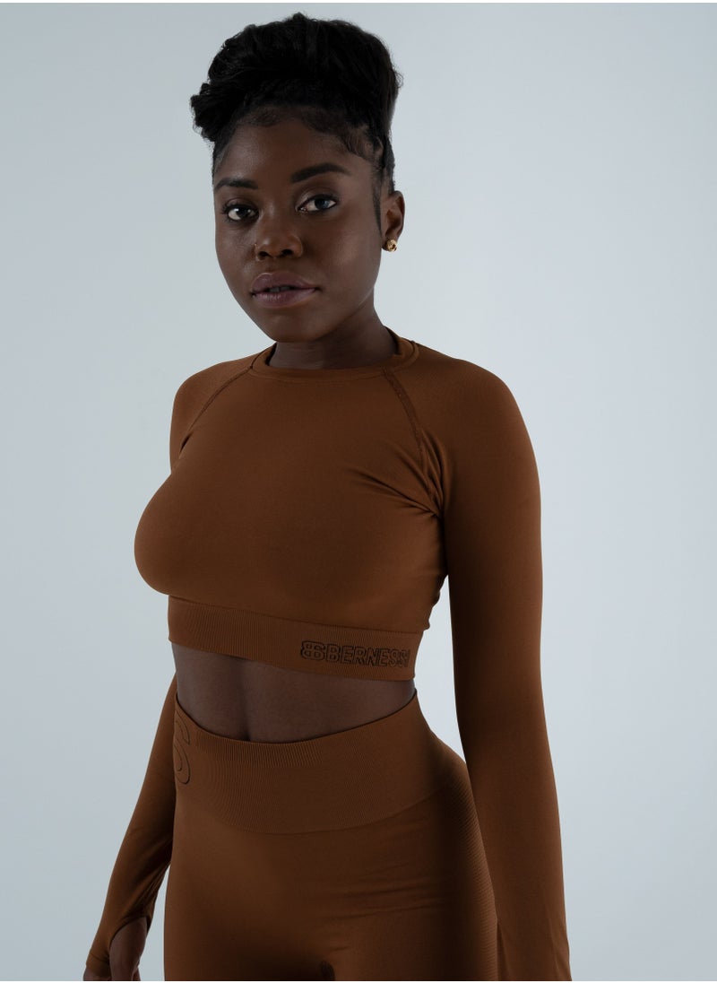 Bernessi - Turkiye Nylon Long Sleeve Crop Top with Round Neck Women's Cropped T Shirt for Workout Yoga Running Exercise Textured Brown Brunette - Image 1