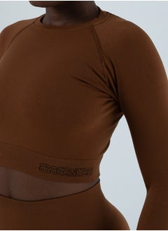 Bernessi Turkiye Nylon Long Sleeve Crop Top with Round Neck Women's Cropped T Shirt for Workout Yoga Running Exercise Textured Brown Brunette  - Image 2