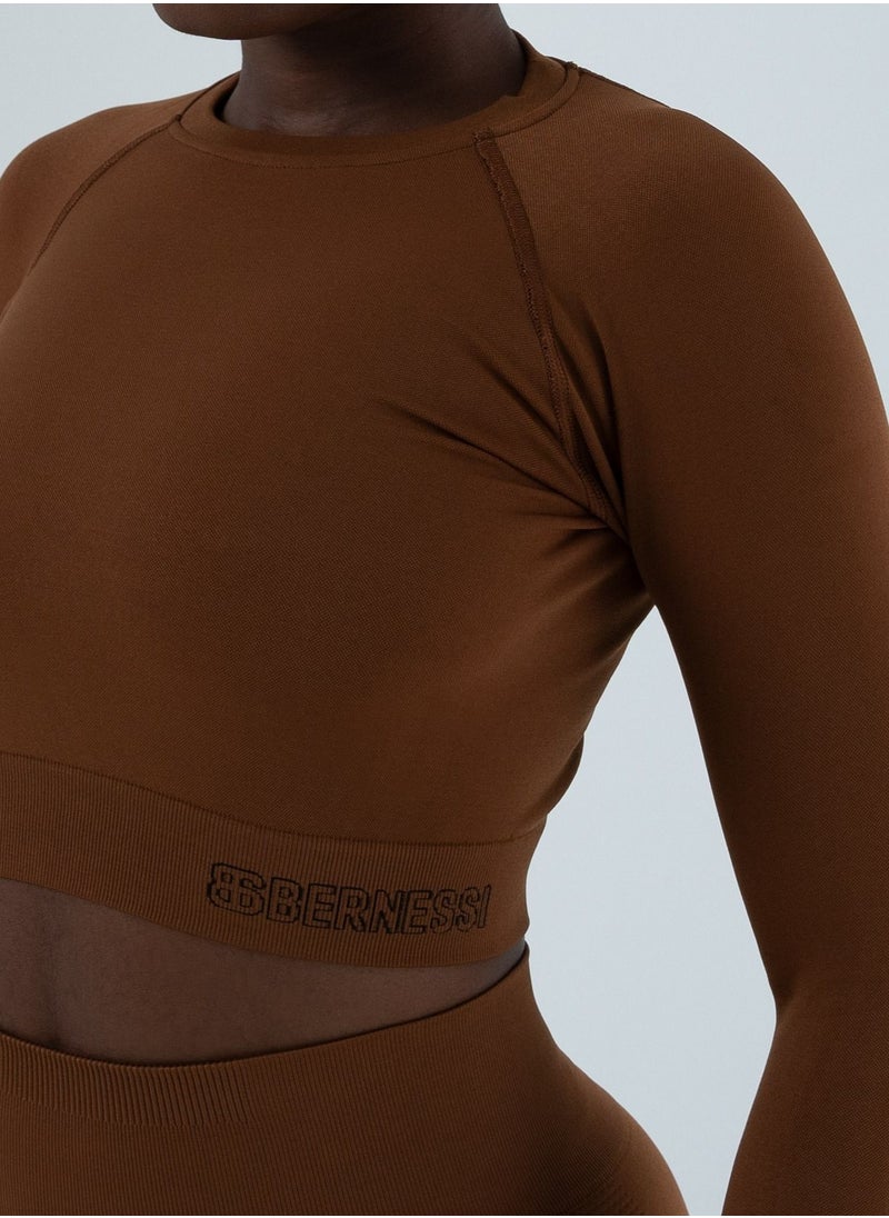 Bernessi - Turkiye Nylon Long Sleeve Crop Top with Round Neck Women's Cropped T Shirt for Workout Yoga Running Exercise Textured Brown Brunette - Image 1