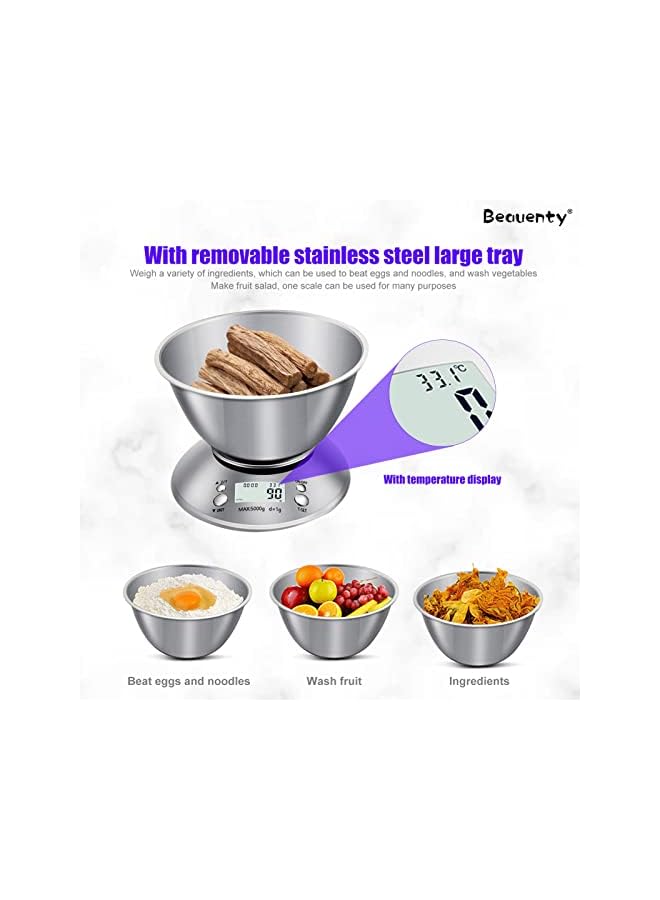 Beauenty Gram Scale, Food Kitchen Scale with Bowl,Digital Ounces and Grams for Cooking,Timer and Temperature Sensor,Stainless Steel (Style 1) - Image 5