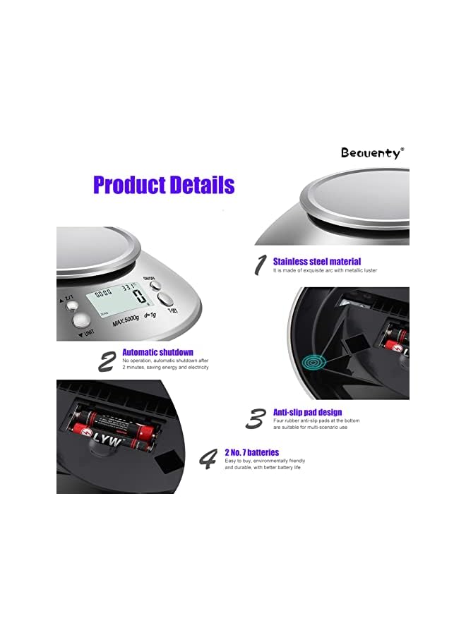 Beauenty Gram Scale, Food Kitchen Scale with Bowl,Digital Ounces and Grams for Cooking,Timer and Temperature Sensor,Stainless Steel (Style 1) - Image 3
