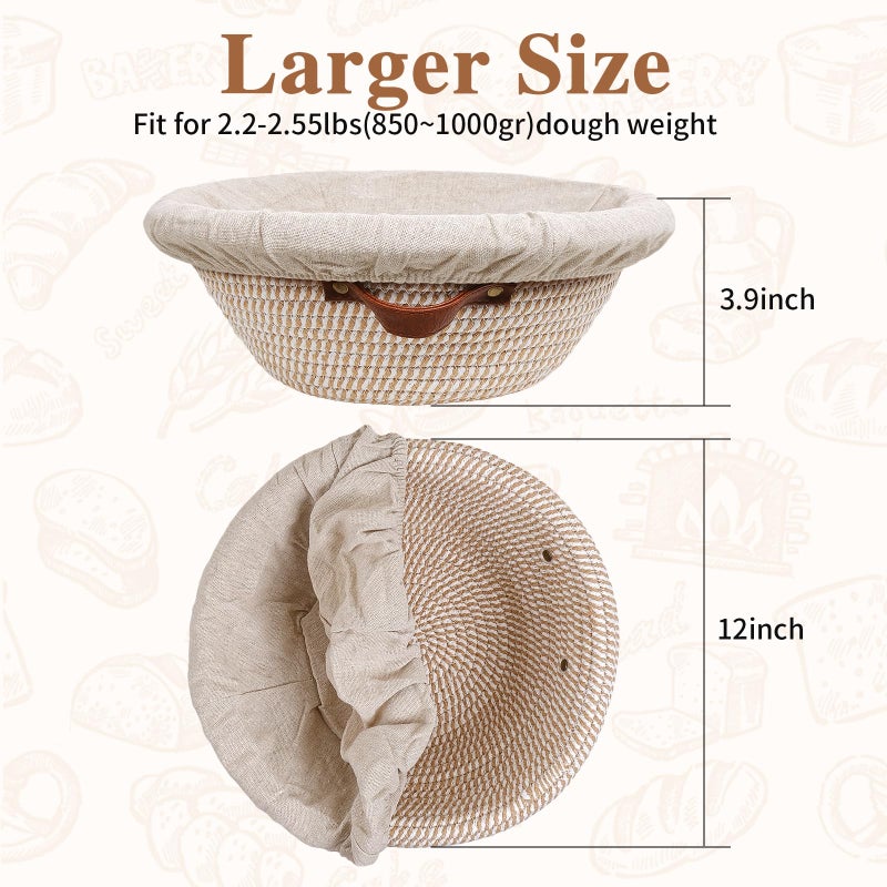 UPwoktem 12 Inch Large Cotton Rope Banneton Bread Proofing Basket Set, 2 Pack Round Sourdough Bread Baking Supplies with Liners & Covers for Artisan Bread Baking - Image 4