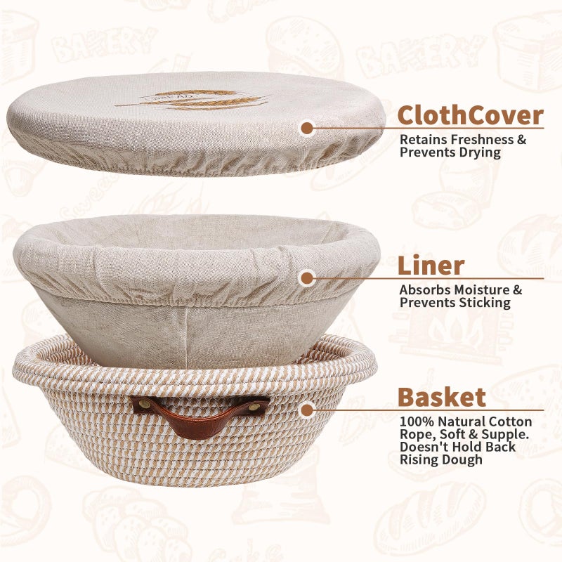 UPwoktem 12 Inch Large Cotton Rope Banneton Bread Proofing Basket Set, 2 Pack Round Sourdough Bread Baking Supplies with Liners & Covers for Artisan Bread Baking - Image 5