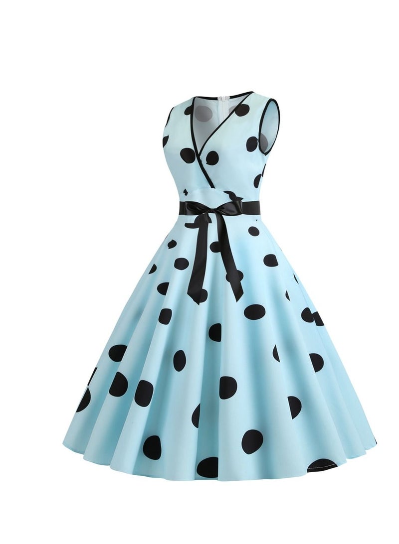 Loquat V-neck Sleeveless Polka Dot Lace Up Waist Retro Large Swing Dress Baby Blue - Image 3