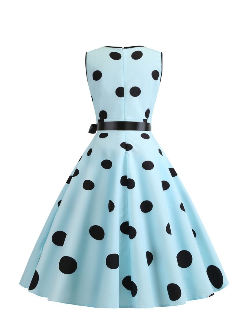 Loquat V-neck Sleeveless Polka Dot Lace Up Waist Retro Large Swing Dress Baby Blue - Image 1