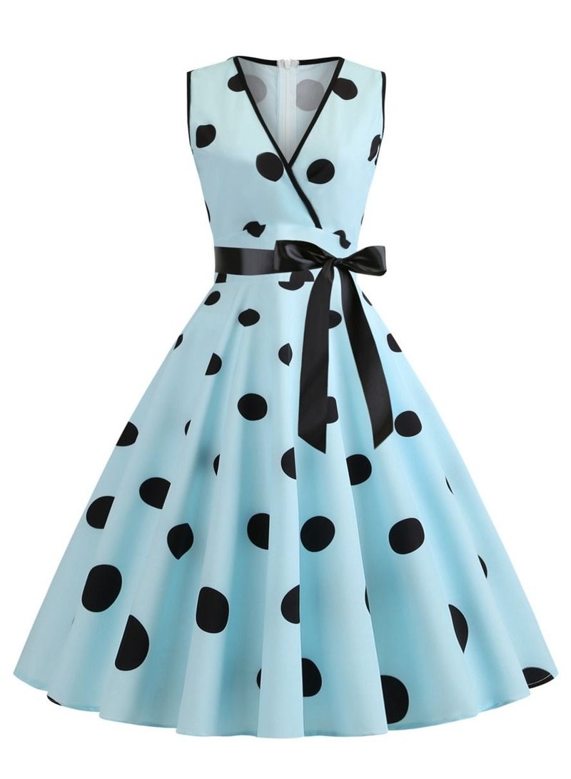 Loquat V-neck Sleeveless Polka Dot Lace Up Waist Retro Large Swing Dress Baby Blue - Image 2