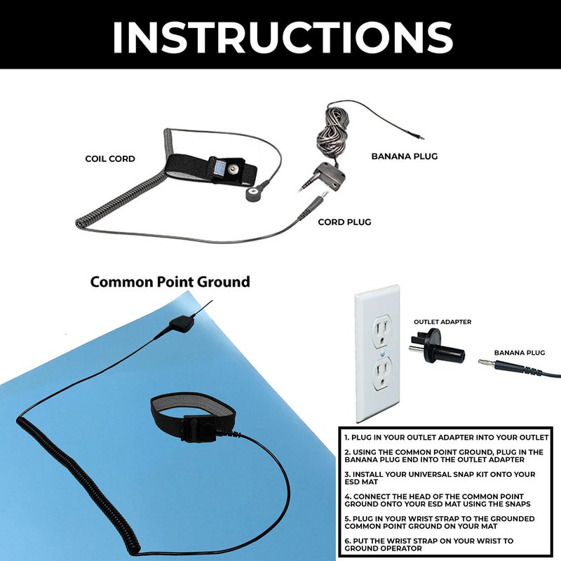 Static Care ESD Mat Workstation Ground Kit - 15' Common Point with Banana Plug, Universal Snap Kit, Banana Plug Adapter, 6' Coil Cord with Alligator Clip, Black Fabric Wrist Band 4mm - Image 4