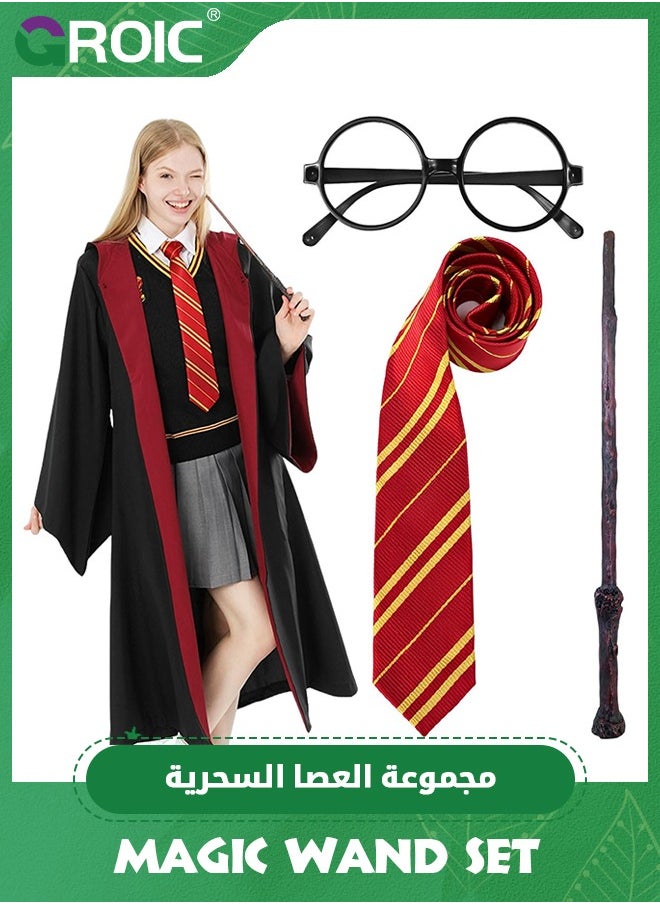 GROIC 4 Pcs Harry Potter Costume Set, Harry Potter Gryffindor Deluxe Robe Costume Role Play for Kids, Magician Costume Set with Wand Tie Glasses, Harry Potter Fans Cosplay Accessory for 125 to 135 cm  - Image 1