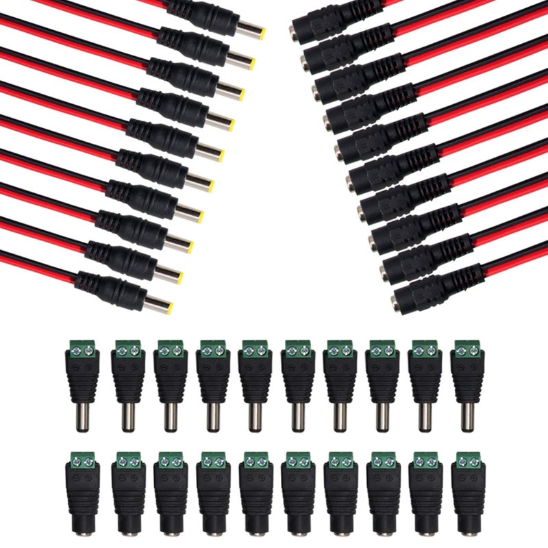 MILAPEAK (Real 18AWG 43x2pcs Strands) 10 Pairs DC Power Pigtail Cable 12V 5A Male & Female + 10 Pairs DC Power Jack Plug Adapter barrel Connector for CCTV Home Security Surveillance by MILAPEAK (2.1mm x 5.5mm) - Image 1