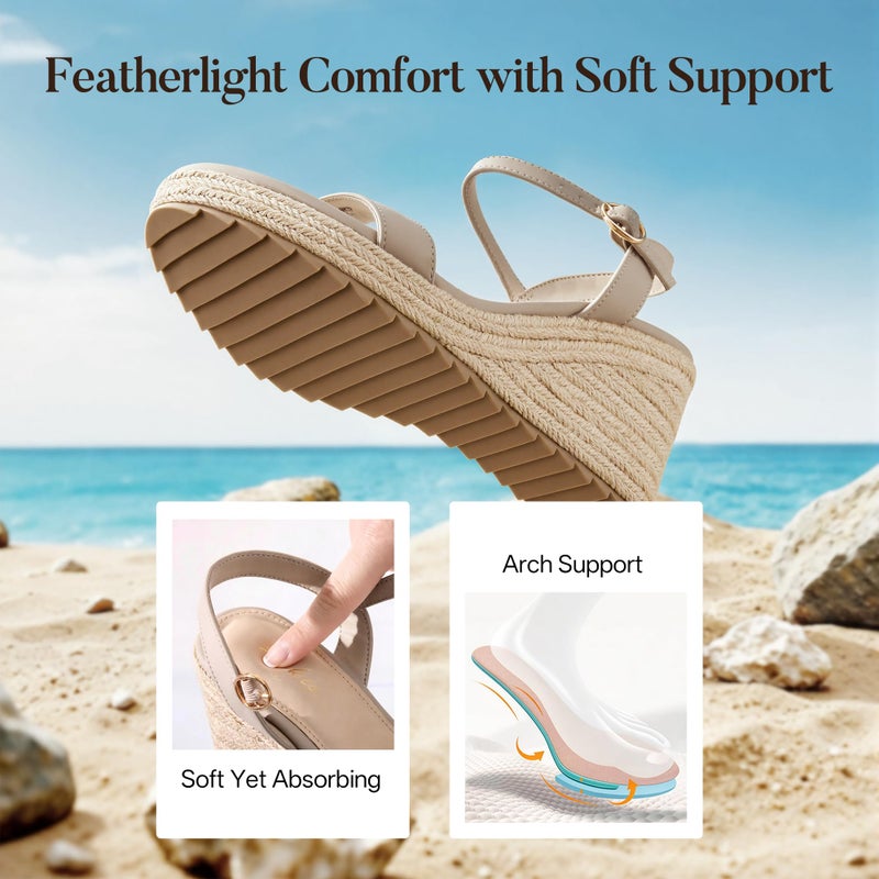 Ankis Platform Wedge Sandals for Women, Nude Espadrille Womens Wedge Sandals Comfortable Open Toe Ankle Strap High Heel Wedges for Women Dressy Summer -3.4Inch - Image 5