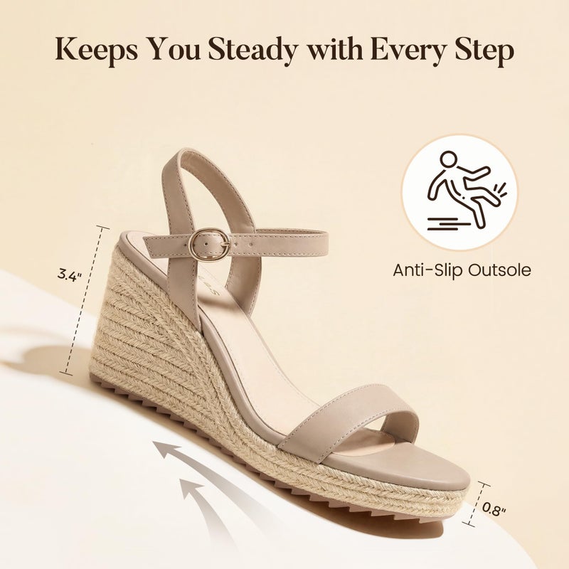 Ankis Platform Wedge Sandals for Women, Nude Espadrille Womens Wedge Sandals Comfortable Open Toe Ankle Strap High Heel Wedges for Women Dressy Summer -3.4Inch - Image 4