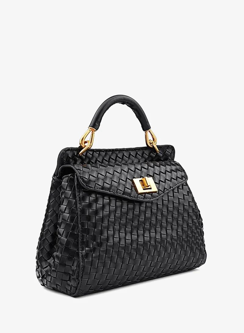 Cuple Black Women’s Woven Top Handle Bag with Turn-Lock Closure for Women | Best Price UAE