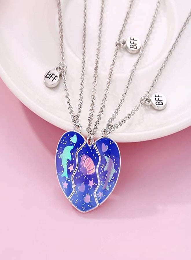 El Regalo 3 PCs BFF Best Friend Forever Split Heart Magnetic Matching Pendant Necklaces Set for Kids/Girls/Teens- Friendship Puzzle Necklaces Sets for Besties (Blue Dphphin Shell BFF) - Image 3