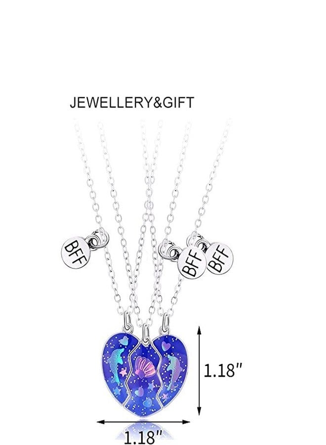 El Regalo 3 PCs BFF Best Friend Forever Split Heart Magnetic Matching Pendant Necklaces Set for Kids/Girls/Teens- Friendship Puzzle Necklaces Sets for Besties (Blue Dphphin Shell BFF) - Image 2