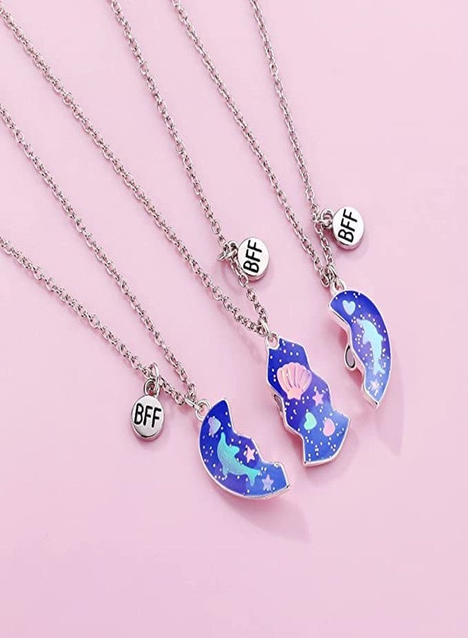El Regalo 3 PCs BFF Best Friend Forever Split Heart Magnetic Matching Pendant Necklaces Set for Kids/Girls/Teens- Friendship Puzzle Necklaces Sets for Besties (Blue Dphphin Shell BFF) - Image 4