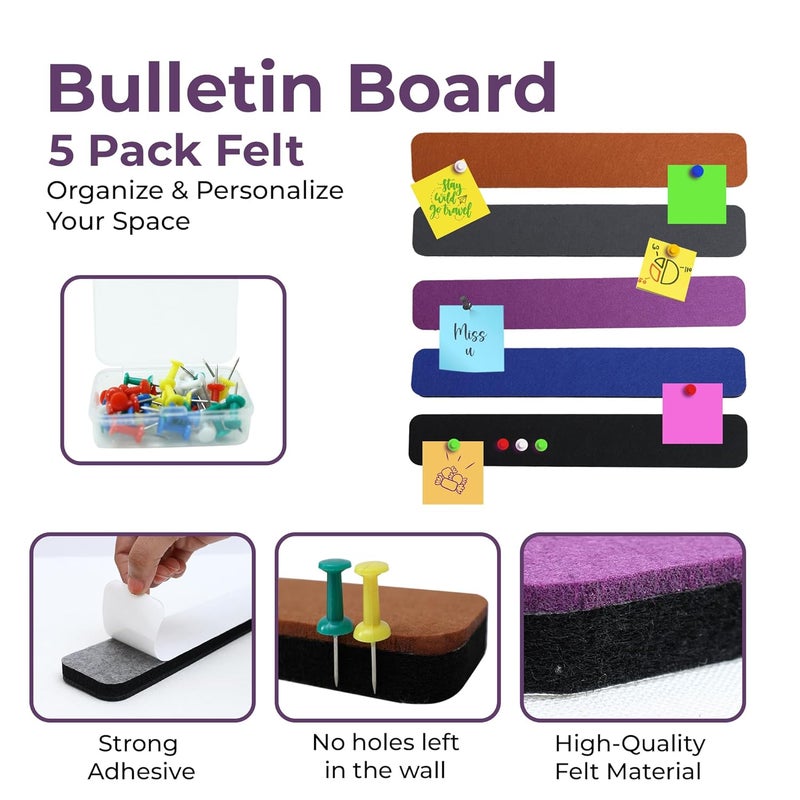 RANUR Self Adhesive Felt Bulletin Bar Strip, Reminder Board with 35pcs Drawing Pins, Lightweight to Do List Board for Wall Soft Board for Study Room, Photos, Schedules, Size 33 X 5 X 1.3 cms (Color) - Image 2