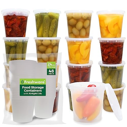Freshware Food Storage Containers 24 oz Plastic Deli Containers with Lids Slime Soup Meal Prep Containers BPA Free Stackable Leakproof MicrowaveDishwasherFreezer Safe 48 count pack of 1 - Image 1