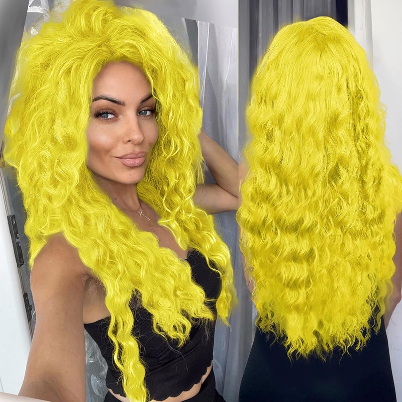 GNIMEGIL Yellow Wigs for Women 28inches Long Curly Wavy Wig Free Part Hairline Perfect for Halloween Costume Cosplay Heat Resistant Synthetic Fiber Body Wave Lemon Meringue Color