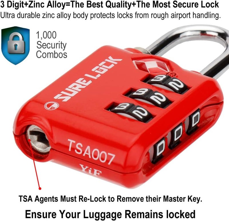 SURE LOCK TSA Approved 3 Digit Luggage Locks with Zinc Alloy Body and Hardened Steel Shackle to Lock Travel Suitcase (RED 2 Pack) - Image 3