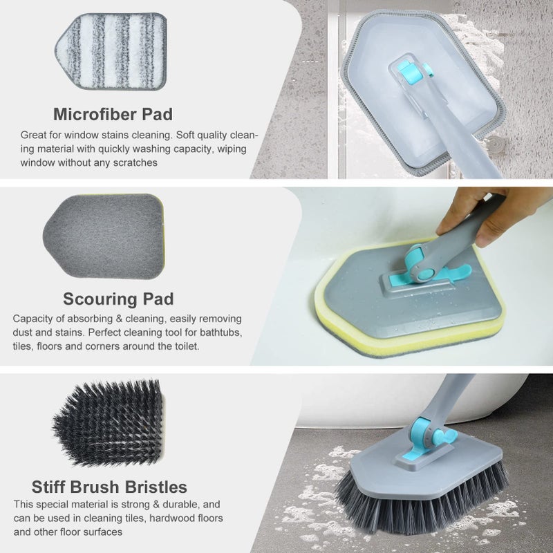 MOSEN Long Handled Scrub Brush for Shower,3-in-1 Cleaning Brushes with 3 Different Function Cleaning Heads Brush for Shower Cleaning Bathroom Kitchen Walls Tub Tile (Grey) - Image 2