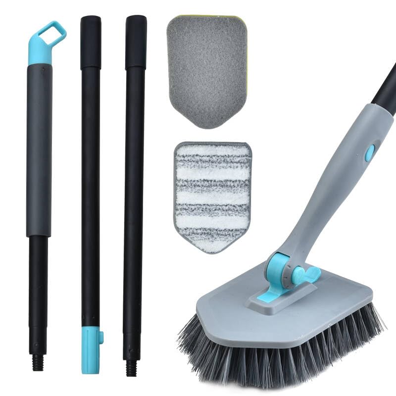 MOSEN Long Handled Scrub Brush for Shower,3-in-1 Cleaning Brushes with 3 Different Function Cleaning Heads Brush for Shower Cleaning Bathroom Kitchen Walls Tub Tile (Grey) - Image 1