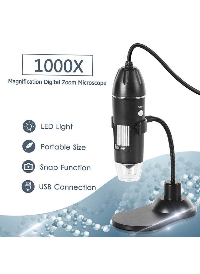 Generic - Digital Zoom Microscope USB Handheld & Desktop Magnifier 0.3MP Camera 8-LED Light Magnifying Glass 1000X Magnification for Windows/Mac System with Stand - Image 1