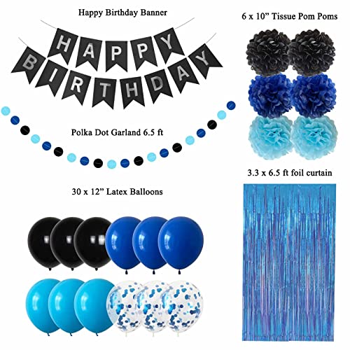 ANSOMO Blue and Black Happy Birthday Party Decorations for Boys Men Banner Balloons Navy Royal Light Blue Pom Poms Foil Curtain Décor Supplies 13th 16th 18th 20th 30th 40th 50th 60th 70th 80th - Image 2