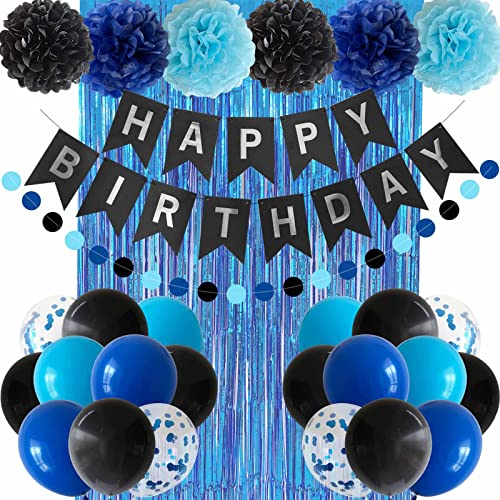 ANSOMO Blue and Black Happy Birthday Party Decorations for Boys Men Banner Balloons Navy Royal Light Blue Pom Poms Foil Curtain Décor Supplies 13th 16th 18th 20th 30th 40th 50th 60th 70th 80th - Image 1
