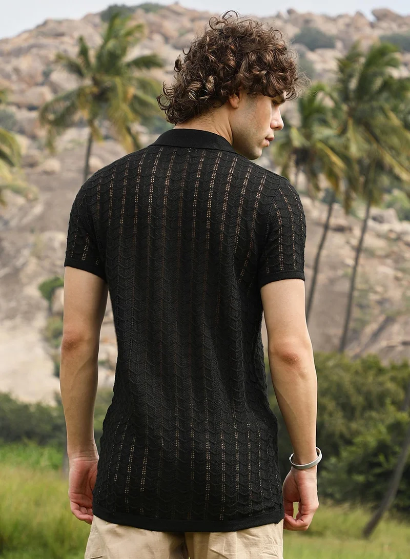 Campus Sutra Men's Onyx Black Spear-Knit Slim-Fit Shirt