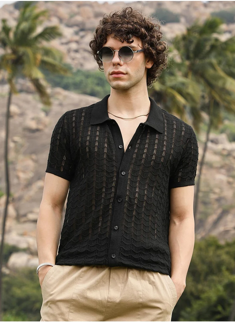 Campus Sutra Men's Onyx Black Spear-Knit Slim-Fit Shirt