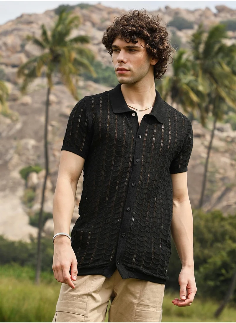 Campus Sutra Men's Onyx Black Spear-Knit Slim-Fit Shirt