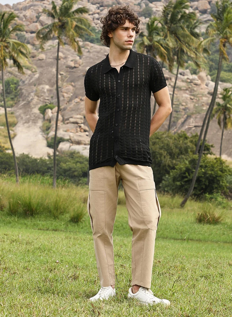 Campus Sutra Men's Onyx Black Spear-Knit Slim-Fit Shirt