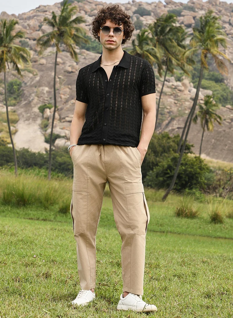 Campus Sutra Men's Onyx Black Spear-Knit Slim-Fit Shirt