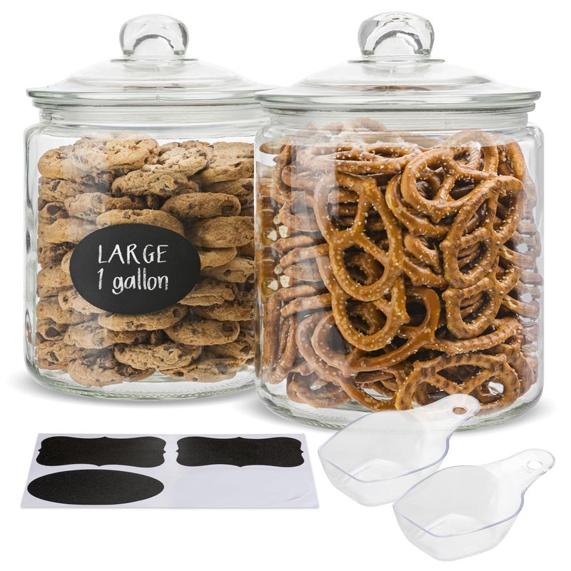 KooK Glass Kitchen Jars, Food & Cookie Storage Containers for Pantry, Bathroom Apothecary Canisters, Airtight Lids, Dishwasher Safe, with Chalk and Labels, 1 Gallon, Set of 2 - Image 1