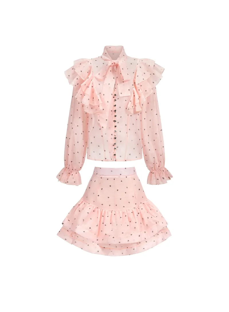 Bella Barnett Sahara Rufflede Dot Printed Bowknot Top And Skirt Two-Piece Set